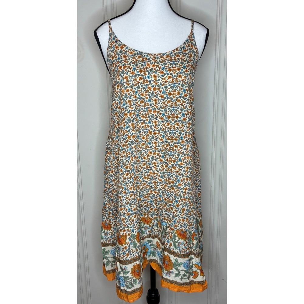 Qearal Women Floral Boho Sundress Orange Blue Size M Resort Vacay Festival